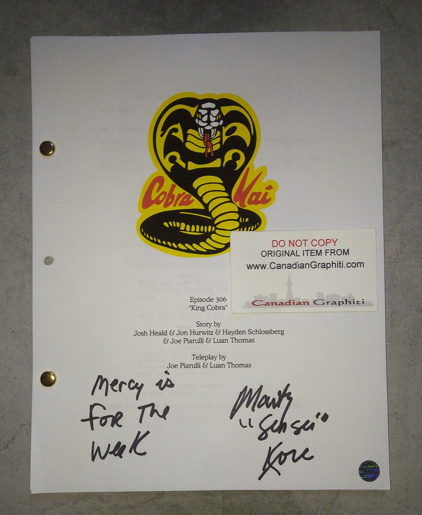 Martin Kove Hand Signed Autograph Cobra Kai Script COA