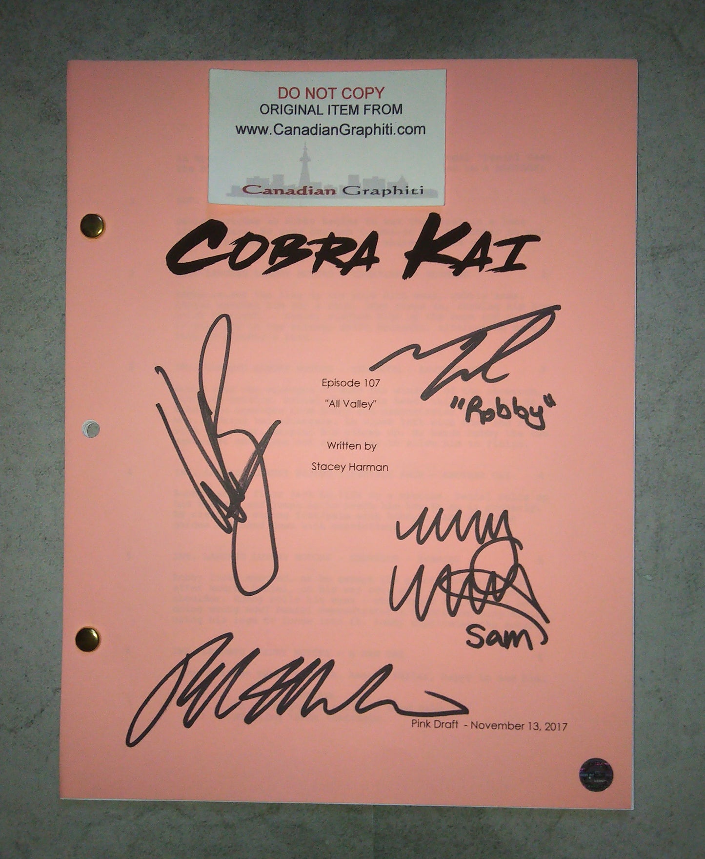 Cobra Kai 4x Cast Hand Signed Autograph Script COA Tanner Buchanan, Ralph Macchio, William Zabka, Mary Mouser