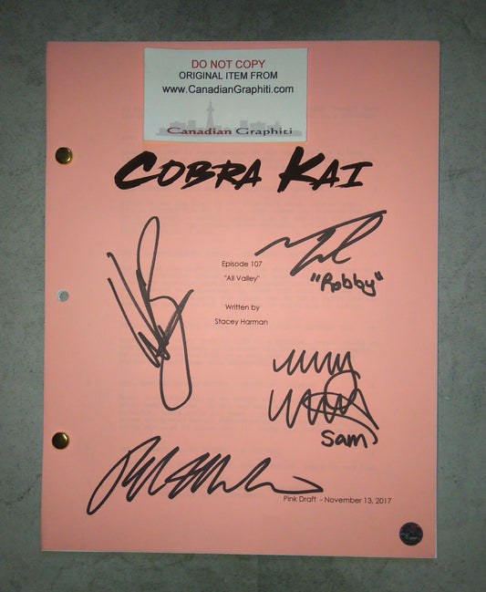 Cobra Kai 4x Cast Hand Signed Autograph Script COA Tanner Buchanan, Ralph Macchio, William Zabka, Mary Mouser