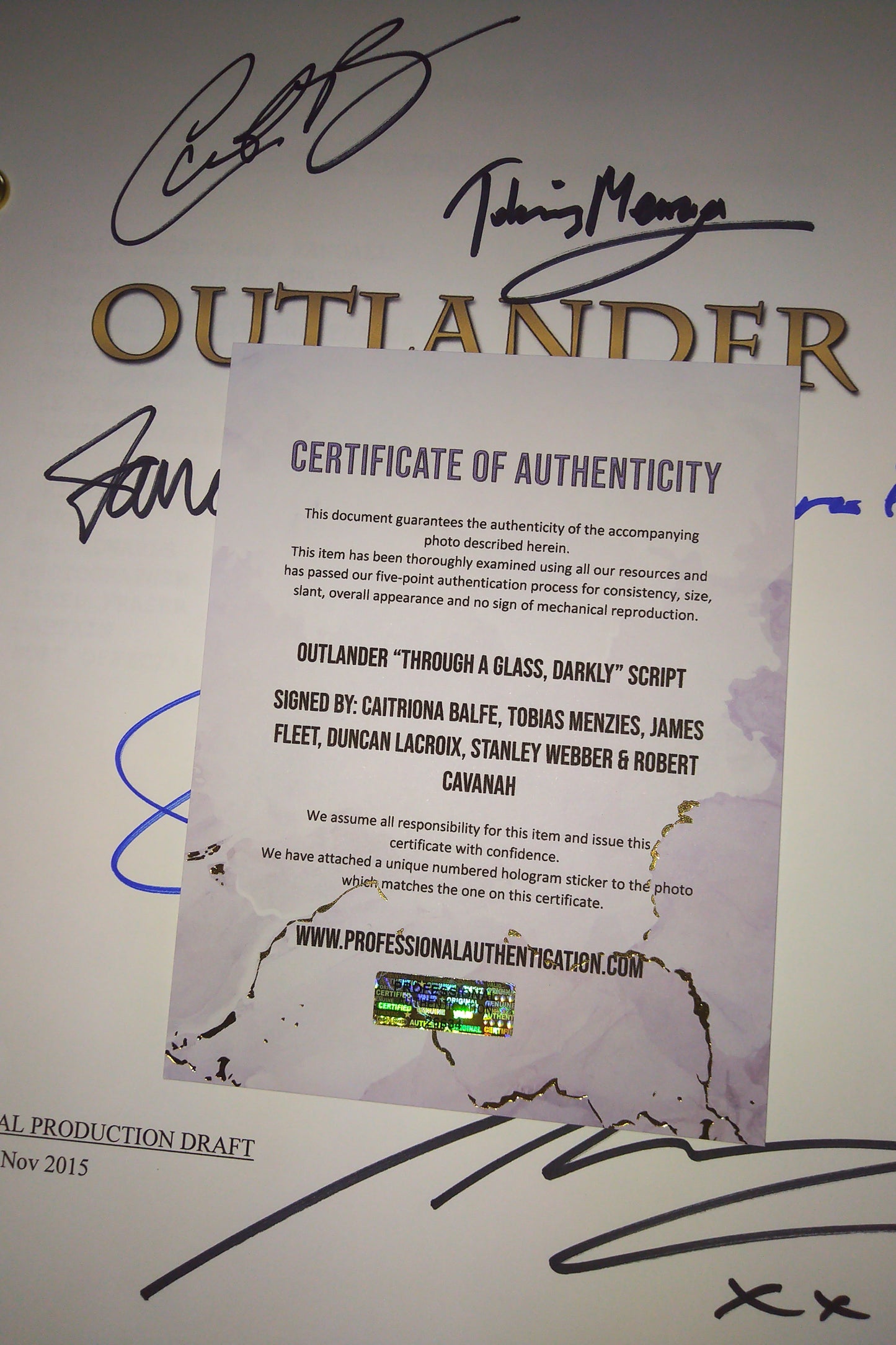 Outlander 6x Cast Hand Signed Autograph Script COA Caitriona Balfe, Tobias Menzies