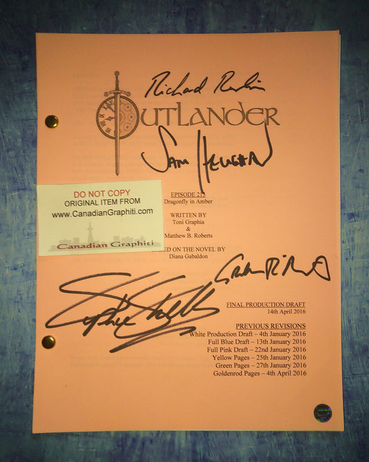 Outlander 4x Cast Hand Signed Autograph Script COA Sam Heughan