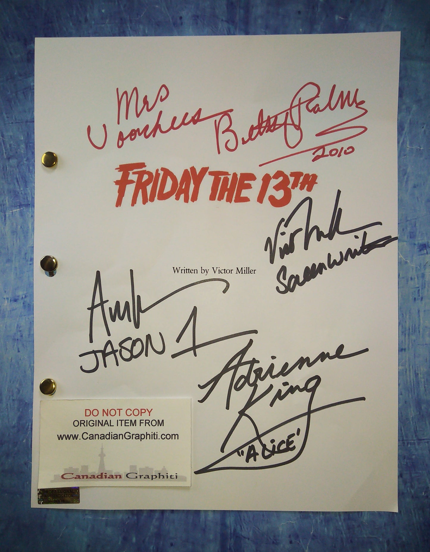 Friday The 13th Cast Hand Signed Autograph Script COA Betsy Palmer, Victor Miller, Adrienne King, Ari Lehman