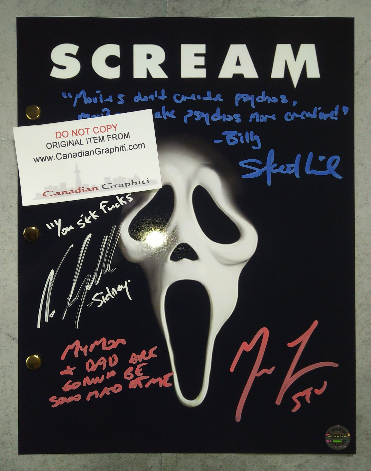 Skeet Ulrich, Matthew Lillard & Neve Campbell Hand Signed Autograph Scream Script COA