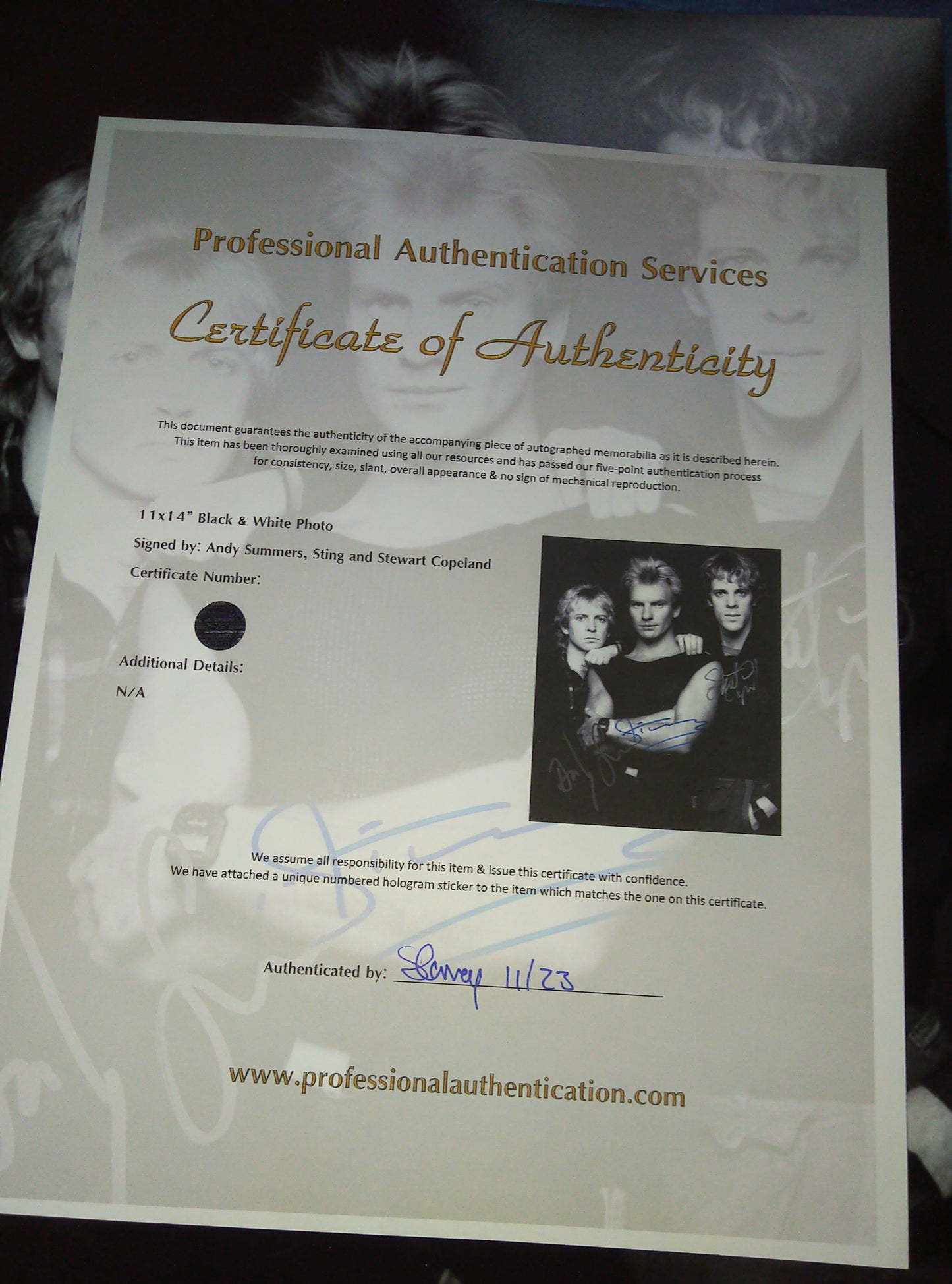 The Police Hand Signed Autograph 11x14 Photo COA Sting, Stewart Copeland & Andy Summers