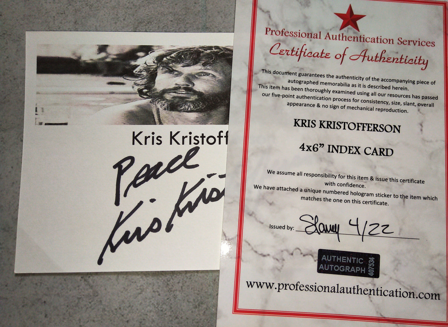 Kris Kristofferson Hand Signed Autograph Index Card COA