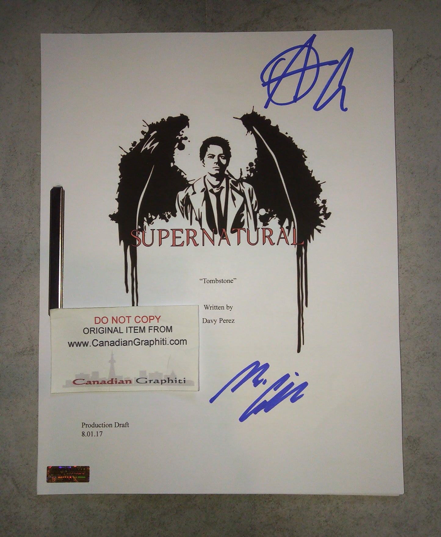 Misha Collins & Alexander Calvert Hand Signed Autograph Supernatural Script COA Tombstone