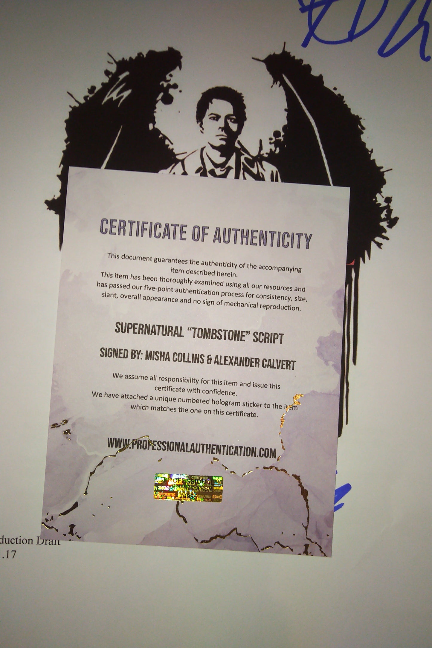 Misha Collins & Alexander Calvert Hand Signed Autograph Supernatural Script COA Tombstone