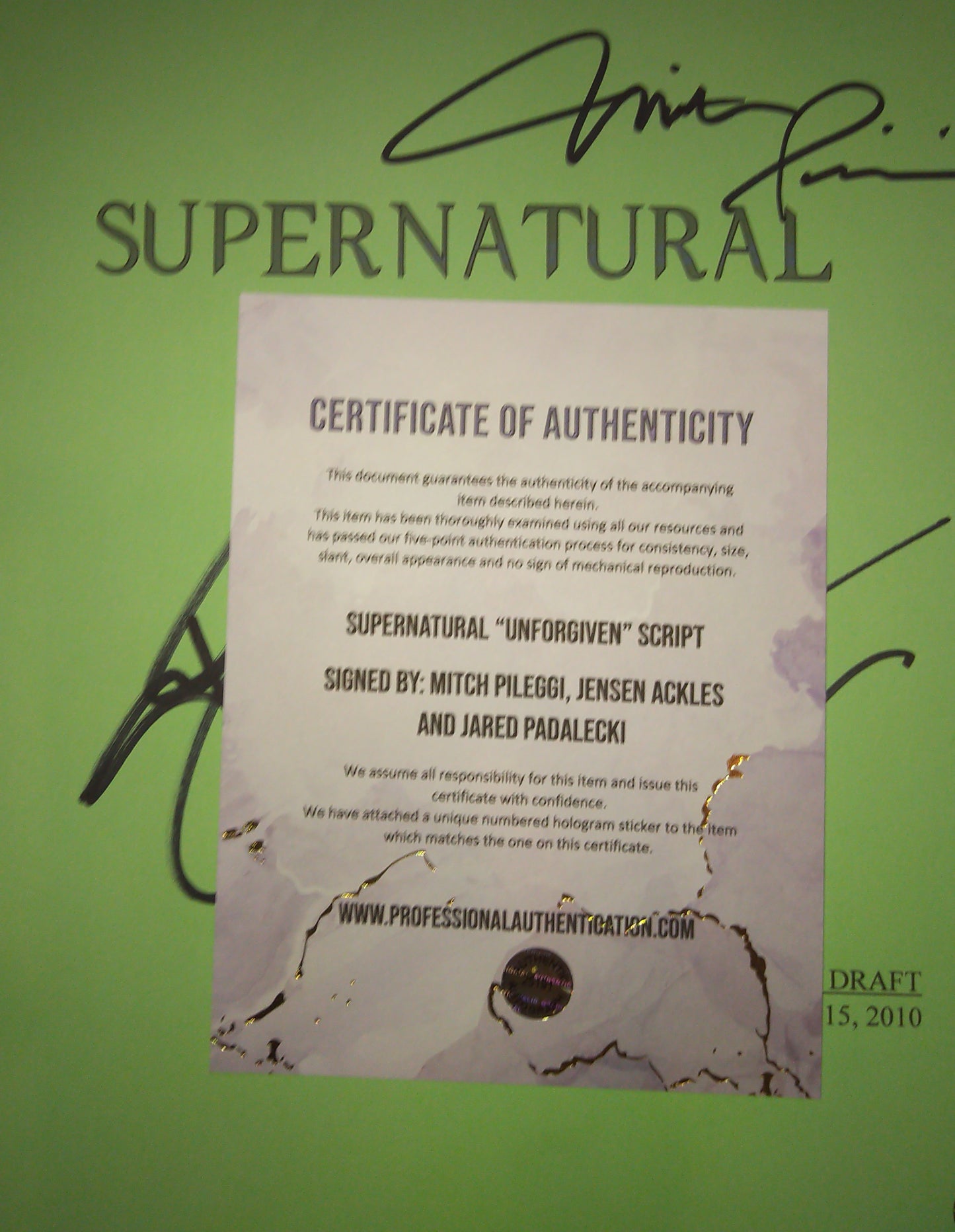 Mitch Pileggi, Jensen Ackles & Jared Padalecki Hand Signed Autograph Supernatural Script COA Unforgiven