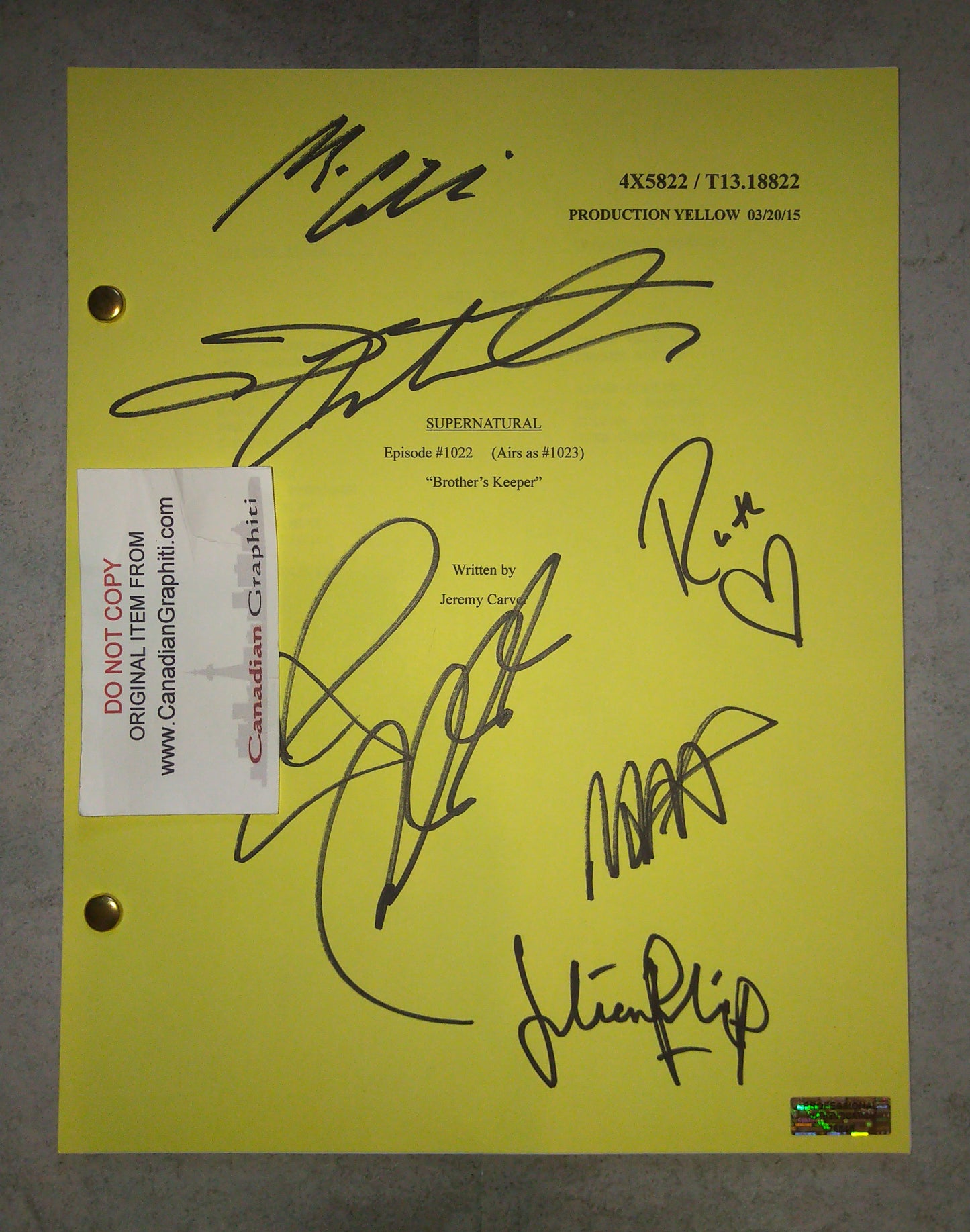 Supernatural 6x Cast Hand Signed Autograph Script COA Brother's Keeper