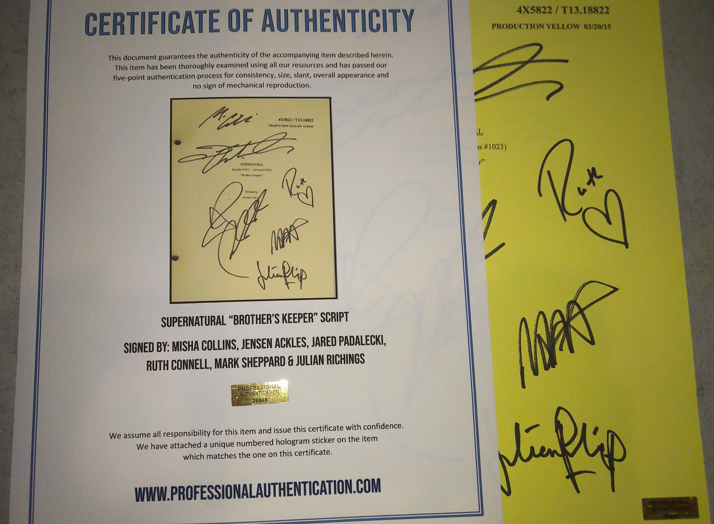 Supernatural 6x Cast Hand Signed Autograph Script COA Brother's Keeper