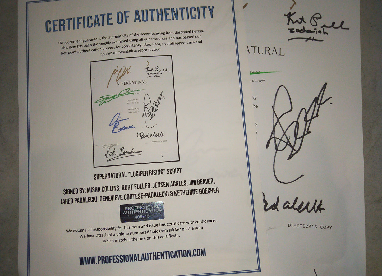 Supernatural 7x Cast Hand Signed Autograph Director's Script COA Lucifer Rising