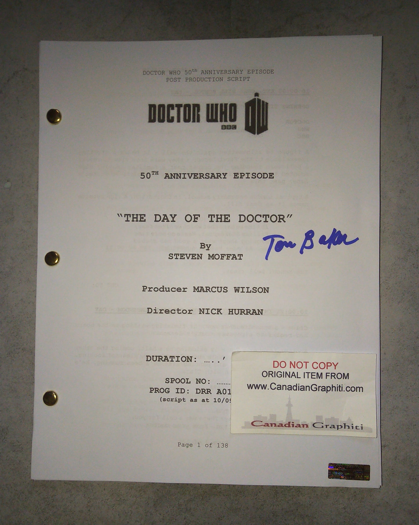 Tom Baker Hand Signed Autograph Doctor Who Script COA 50th Anniversary