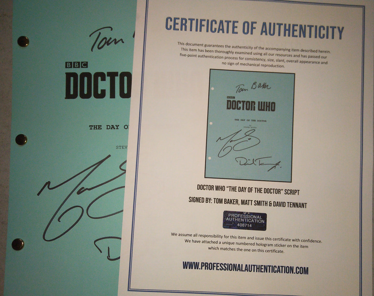 David Tennant, Tom Baker & Matt Smith Hand Signed Autograph Doctor Who Script COA 50th Anniversary