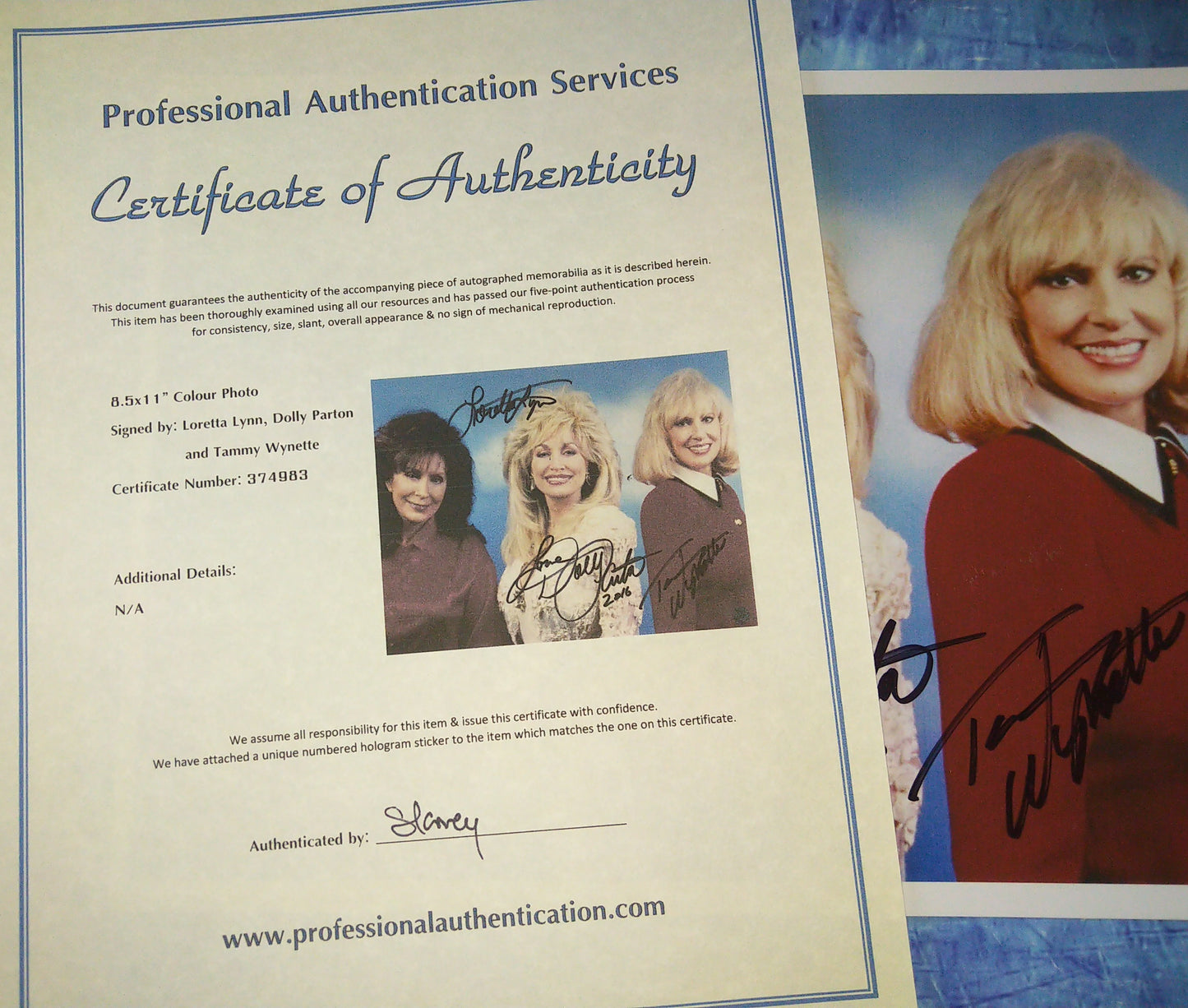 Dolly Parton, Tammy Wynette & Loretta Lynn Hand Signed Autograph 8x10 Photo COA