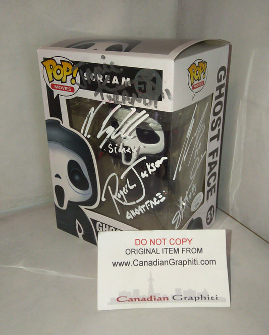 Scream Cast Hand Signed Autograph Ghostface Funko Pop COA + JSA Roger Jackson, Matthew Lillard, Skeet Ulrich, Neve Campbell & Jamie Kennedy