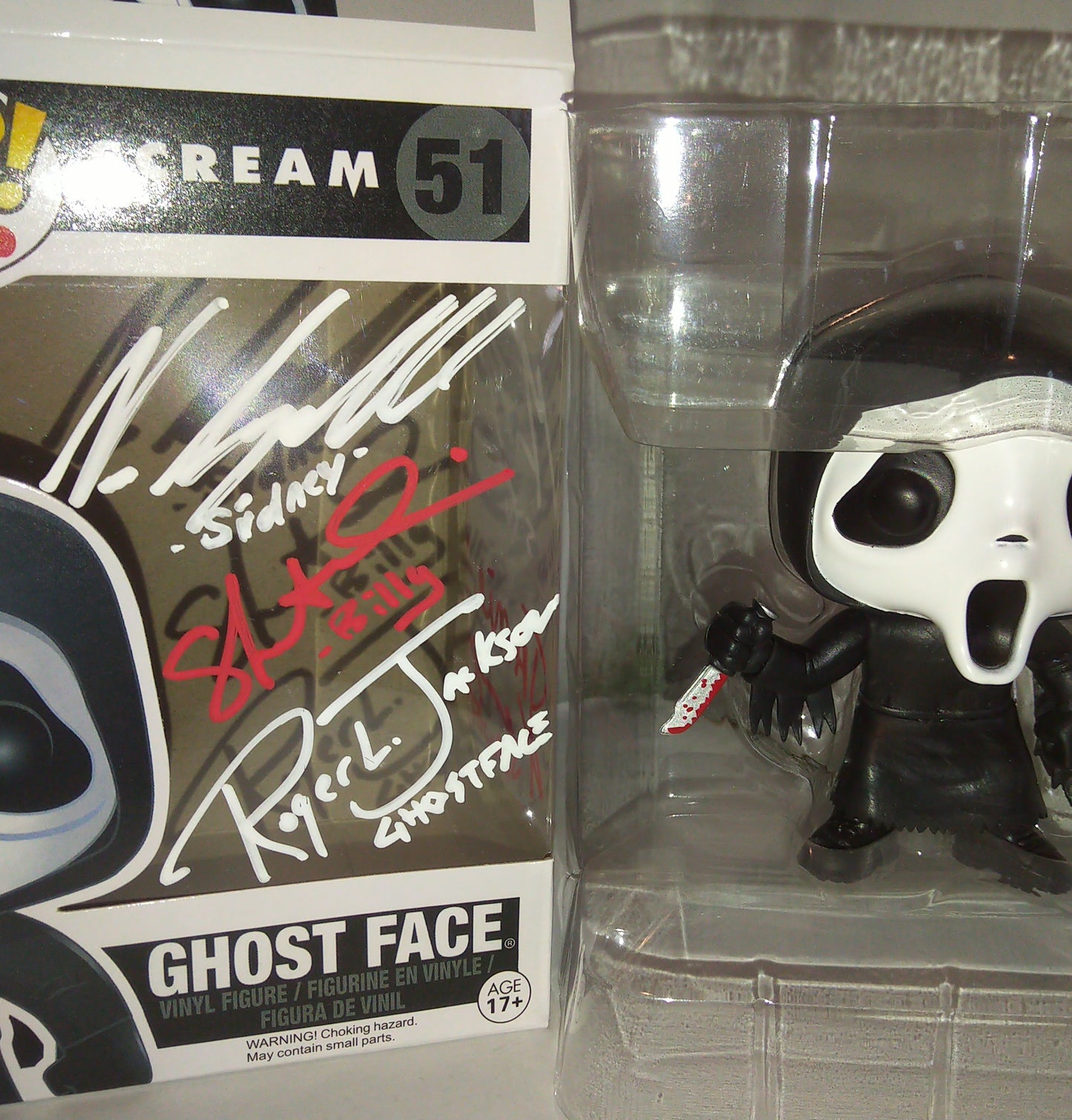 Scream Cast Hand Signed Autograph Ghostface Funko Pop COA + JSA Roger Jackson, Matthew Lillard, Skeet Ulrich, Neve Campbell & Jamie Kennedy