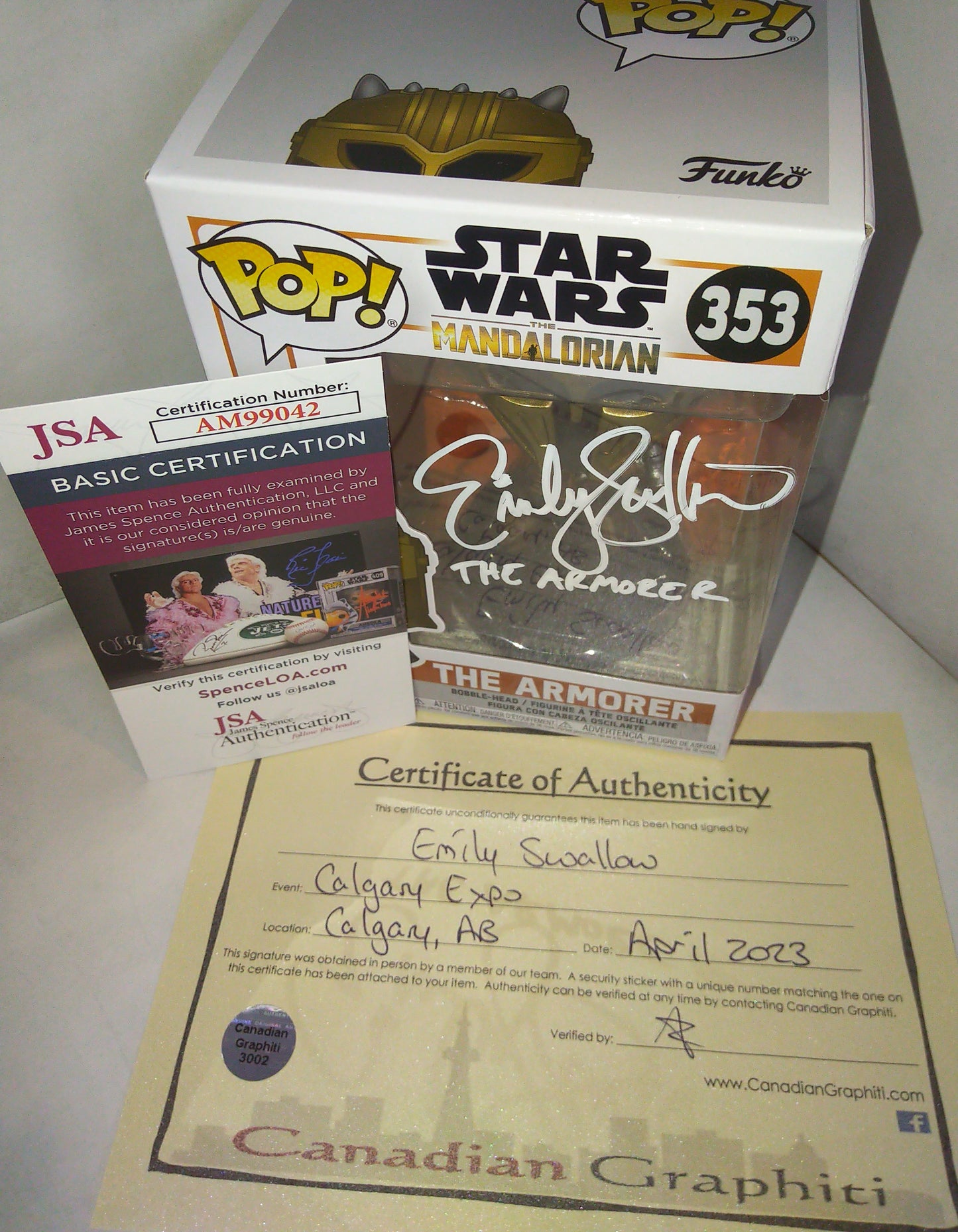 Emily Swallow Hand Signed Autograph The Armorer Funko Pop COA + JSA Star Wars Mandalorian