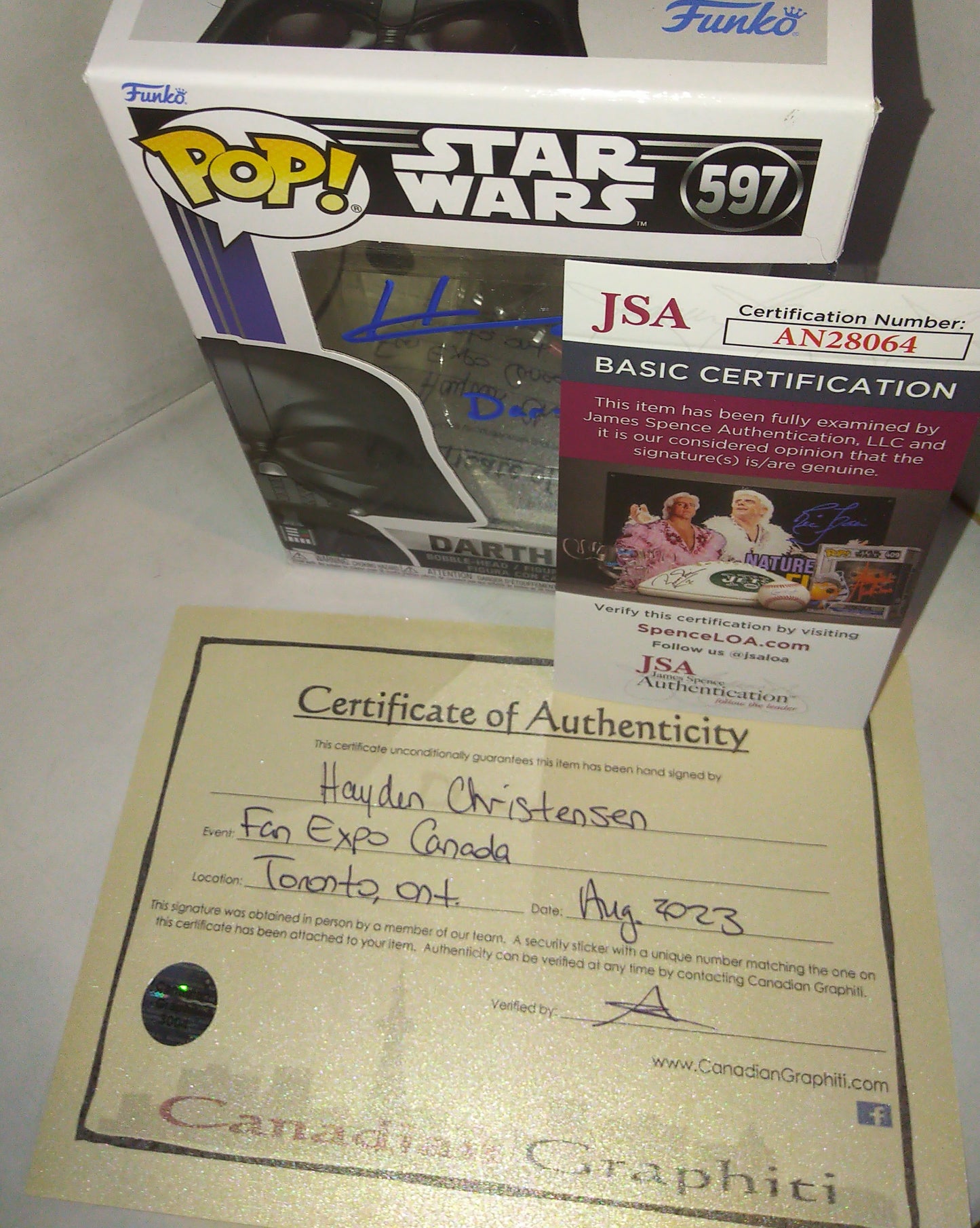 Hayden Christensen Hand Signed Autograph & Character Funko Pop COA + JSA Darth Vader Star Wars