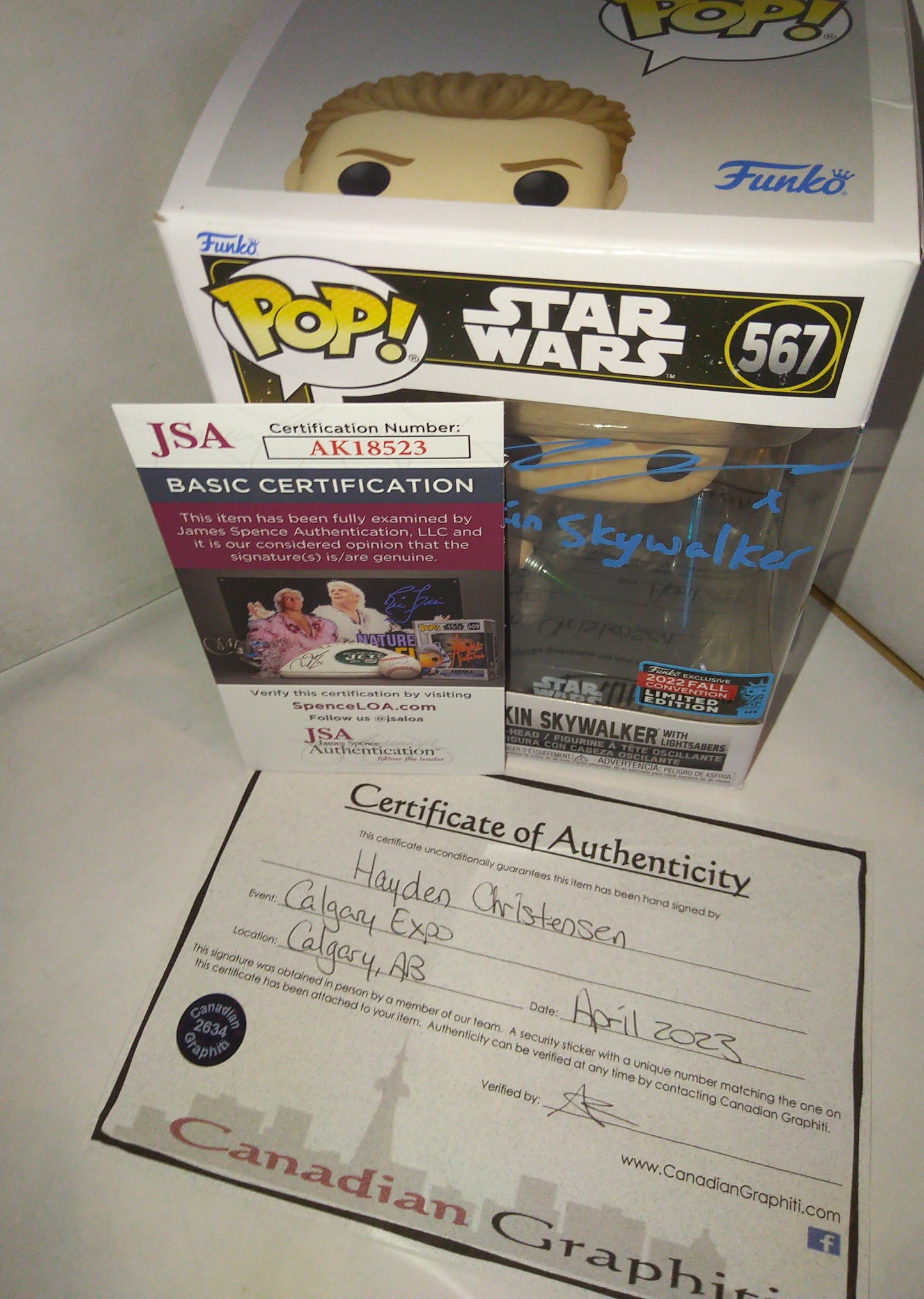 Hayden Christensen Hand Signed Autograph & Character Funko Pop JSA COA Anakin Skywalker Star Wars