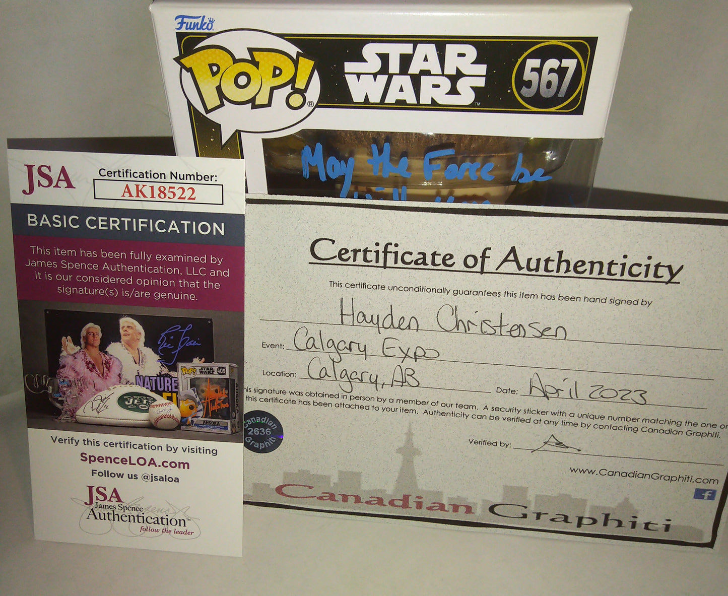 Hayden Christensen Hand Signed Autograph, Quote & Character Funko Pop JSA COA Anakin Skywalker Star Wars