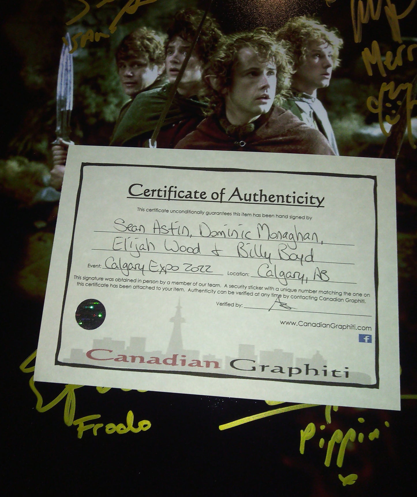 Lord Of The Rings Hobbits Hand Signed Autograph 11x14 Photo COA Sean Astin, Elijah Wood, Dominic Monaghan & Billy Boyd