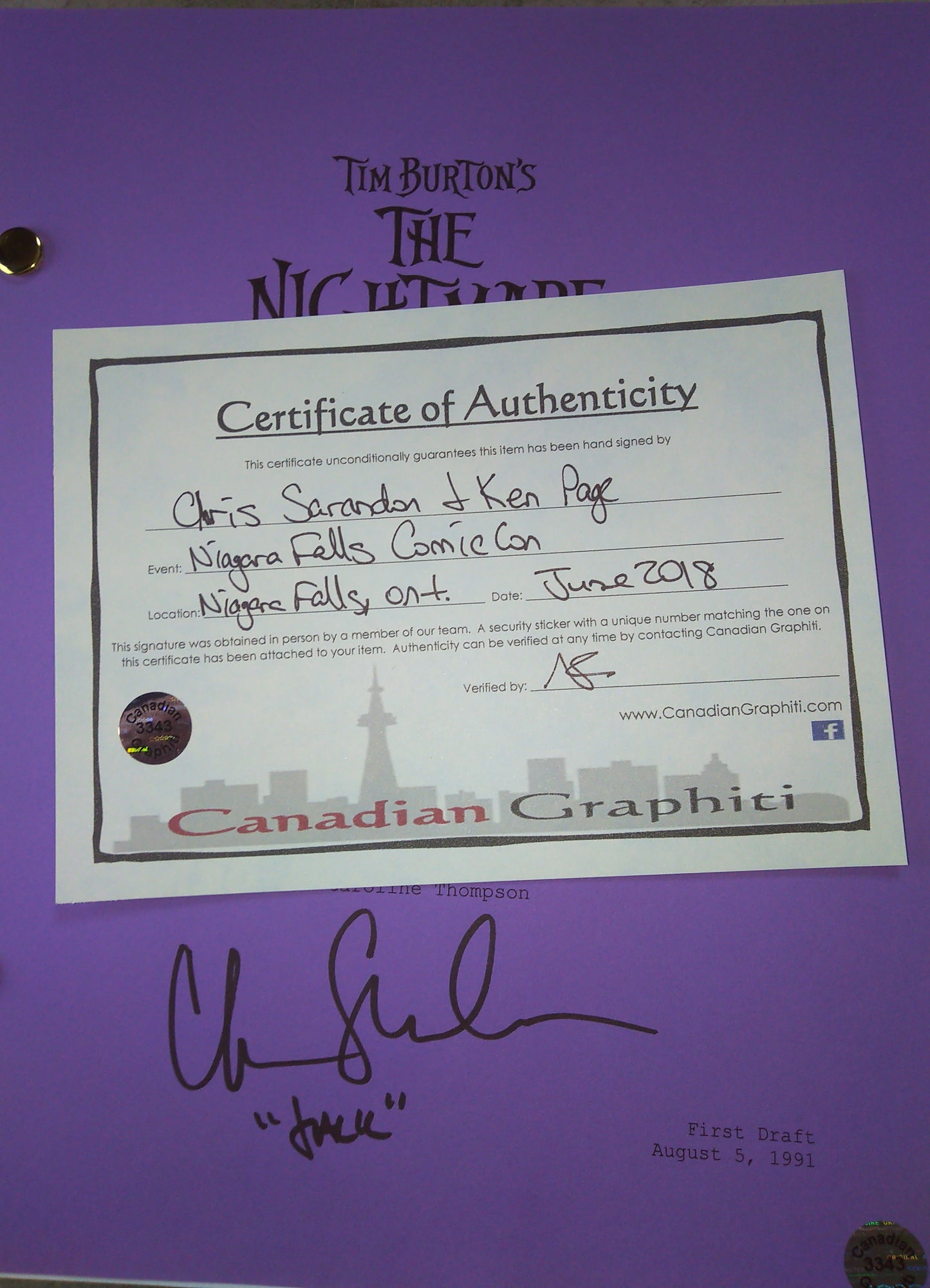 Chris Sarandon & Ken Page Hand Signed Autograph The Nightmare Before Christmas Script COA