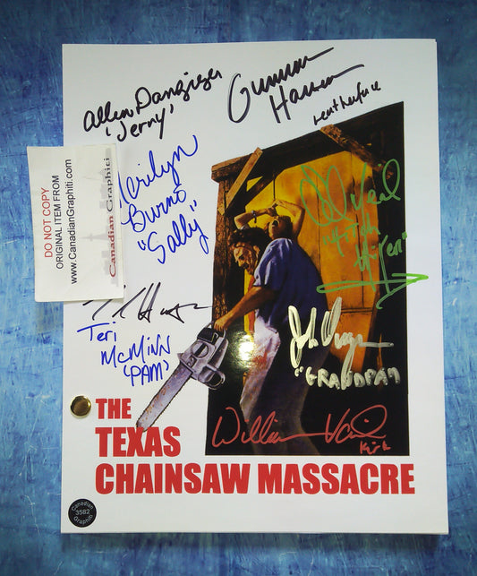 Texas Chainsaw Massacre 8x Cast Hand Signed Autograph Script COA Tobe Hooper, John Dugan, Gunnar Hansen