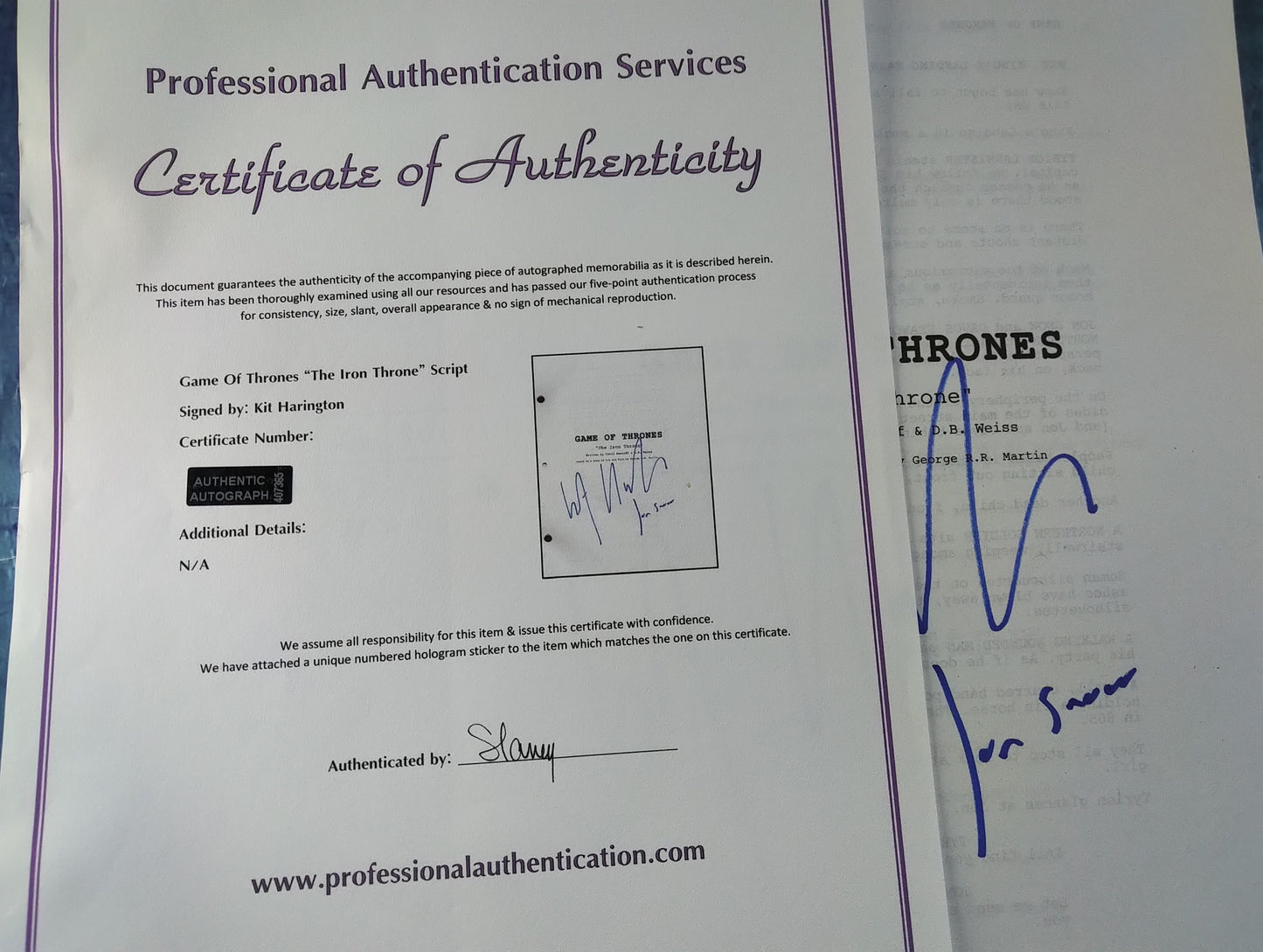 Kit Harington Hand Signed Autograph Game Of Thrones Script COA