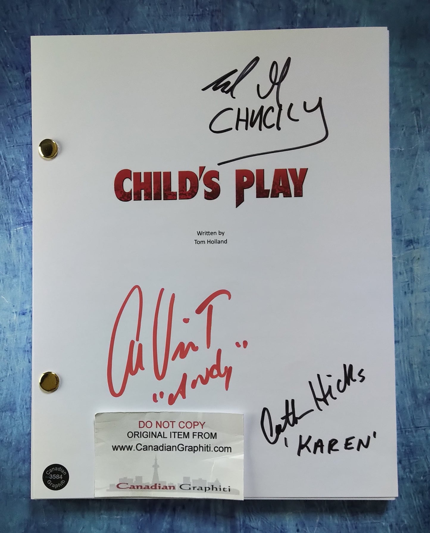 Child's Play Cast Hand Signed Autograph Script COA Brad Dourif, Alex Vincent & Catherine Hicks