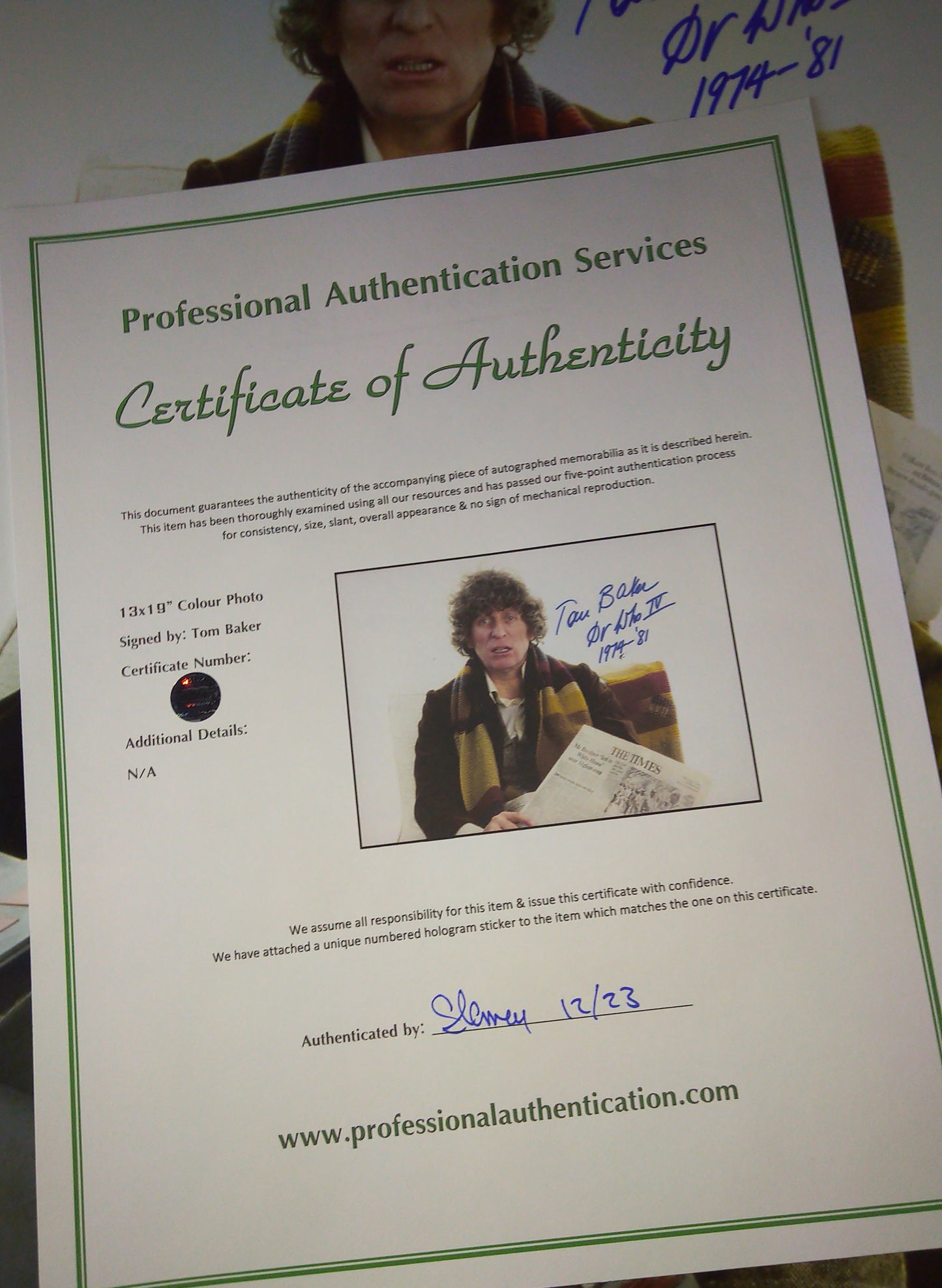 Tom Baker Hand Signed Autograph 13x19 Photo COA Doctor Who