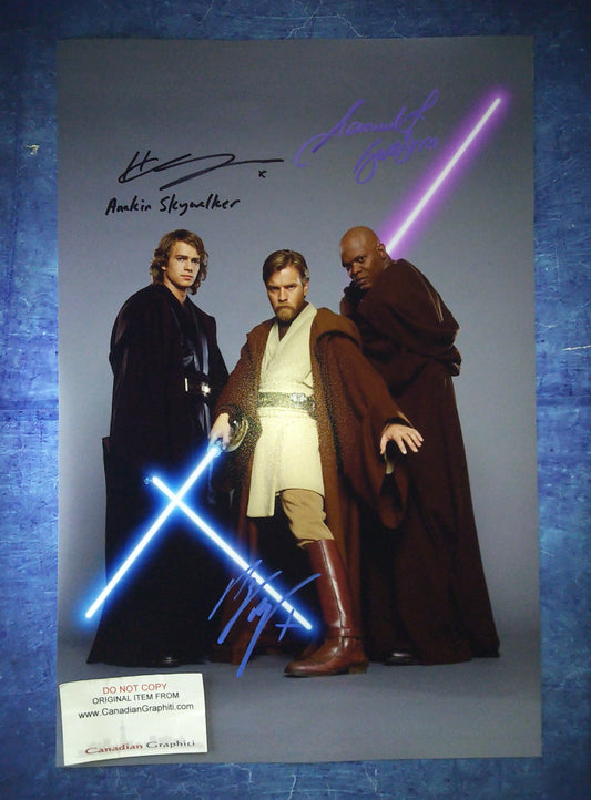 Samuel L Jackson, Ewan McGregor & Hayden Christensen Hand Signed Autograph Photo COA Star Wars