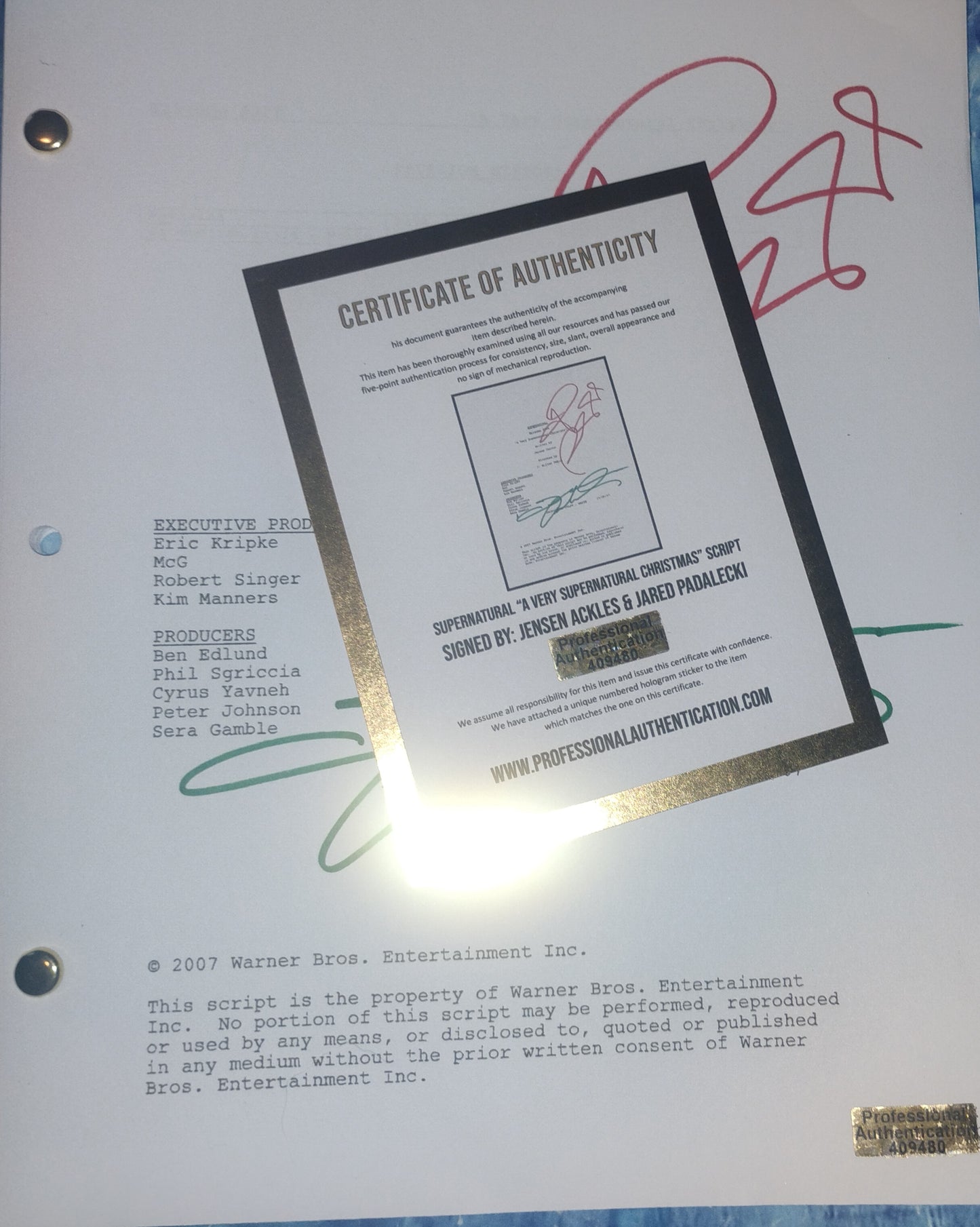Jensen Ackles & Jared Padalecki Hand Signed Autograph Supernatural Script COA