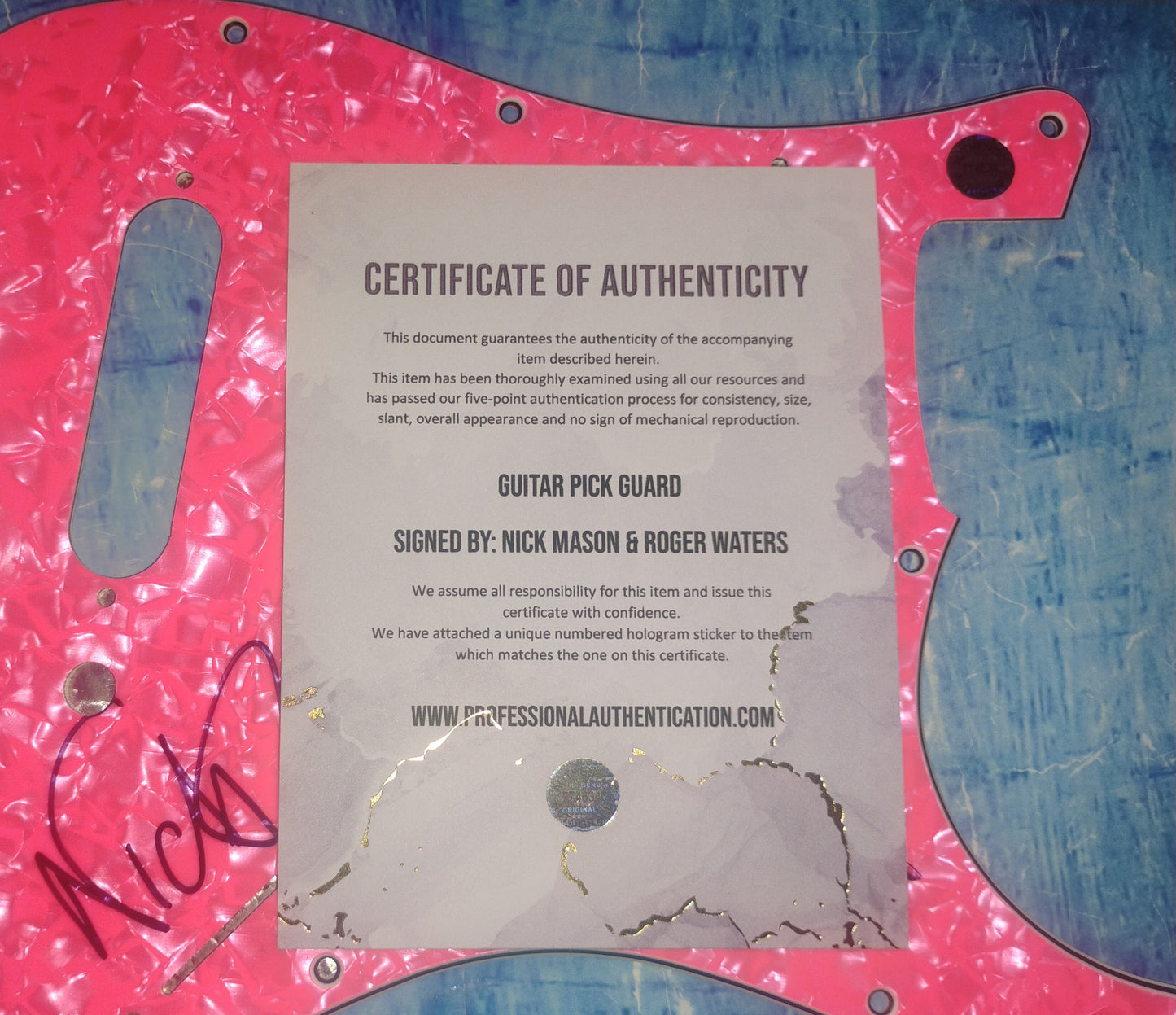 Roger Waters & Nick Mason Hand Signed Autograph Guitar Pick Guard COA Pink Floyd