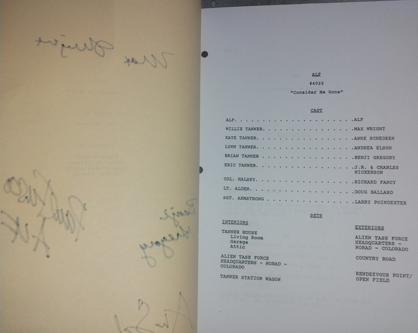 Alf 4x Cast Hand Signed Script COA Max Wright, Paul Fusco, Benji Gregory & Anne Schedeen