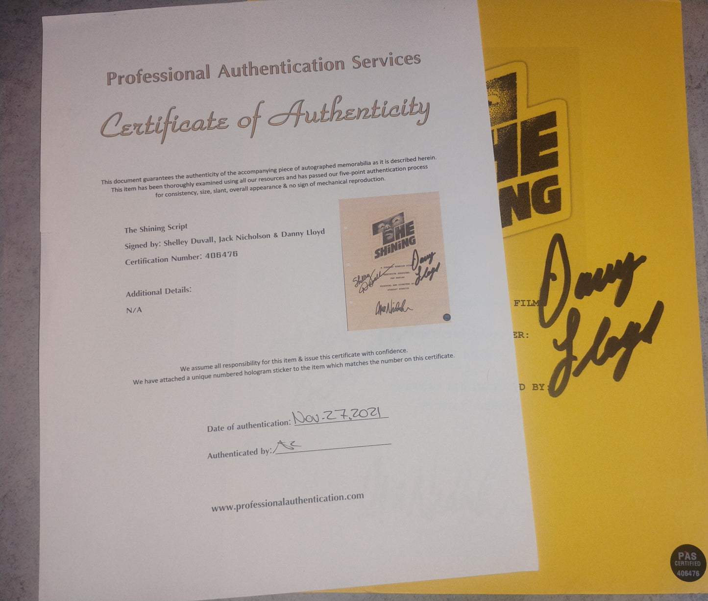 Shelley Duvall, Danny Lloyd & Jack Nicholson Hand Signed Autograph The Shining Script