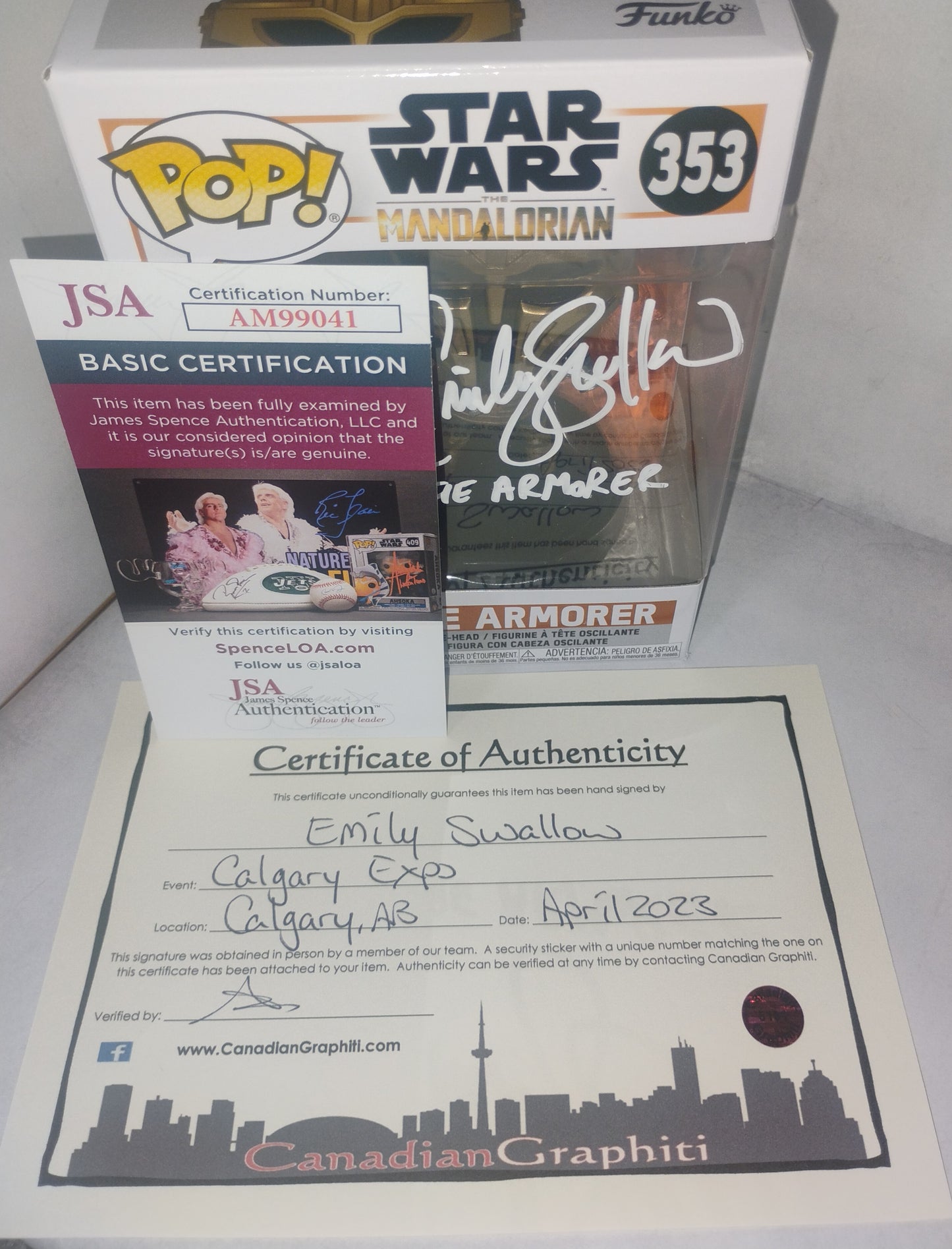 Emily Swallow Hand Signed Autograph Funko Pop JSA COA Star Wars The Armorer