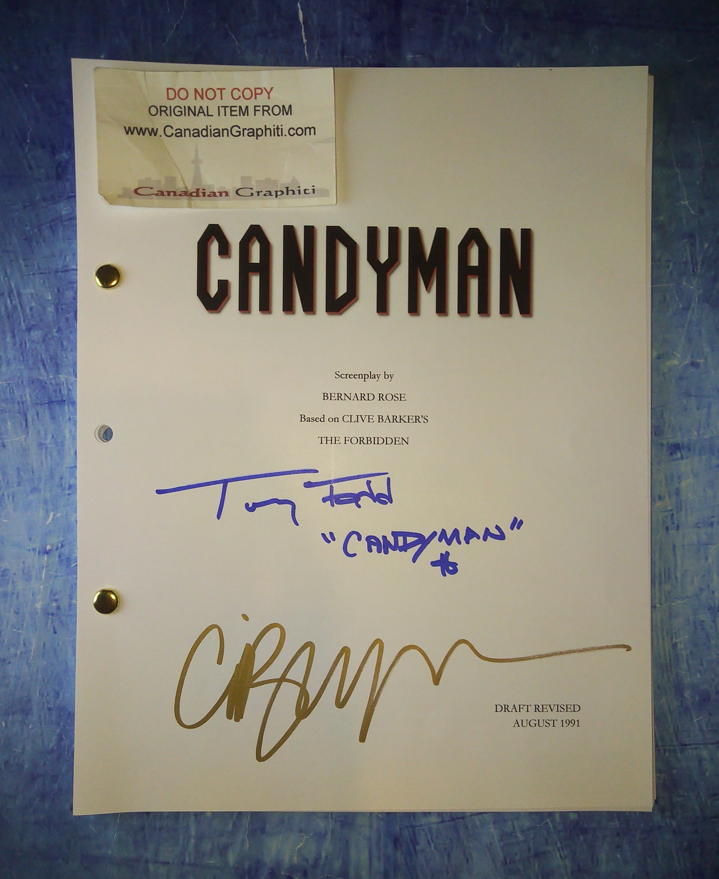 Tony Todd & Clive Barker Hand Signed Autograph Candyman Script COA