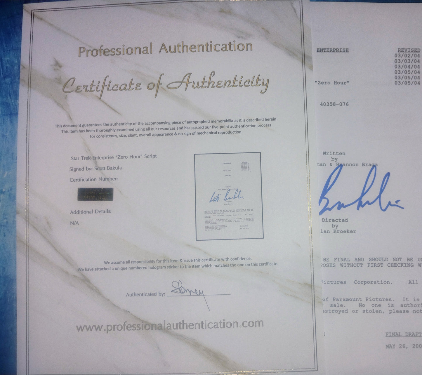 Scott Bakula Hand Signed Autograph Star Trek Enterprise Script COA