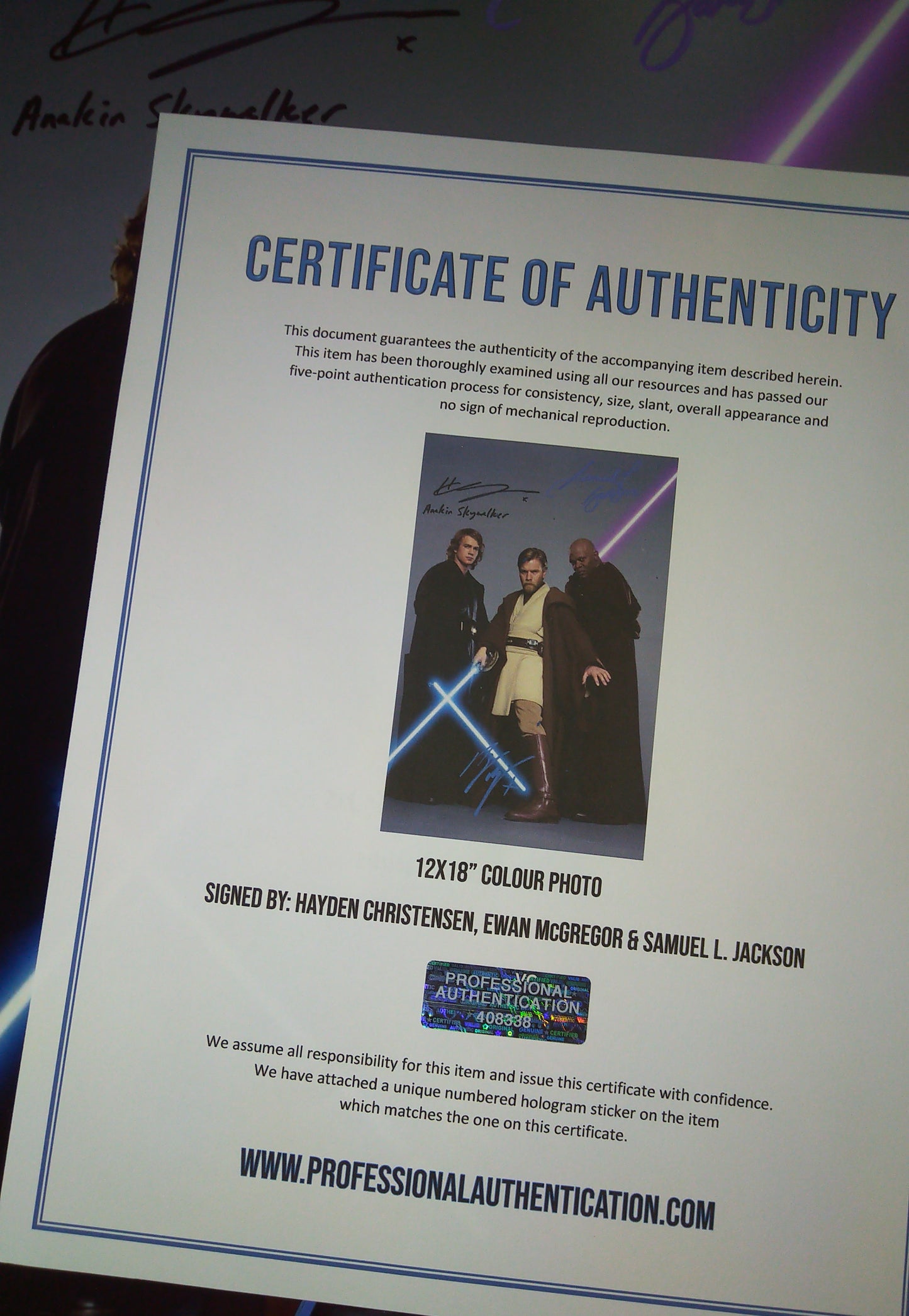 Samuel L Jackson, Ewan McGregor & Hayden Christensen Hand Signed Autograph Photo COA Star Wars