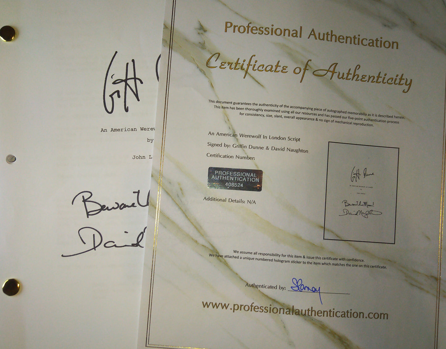 Griffin Dunne & David Naughton Hand Signed Autograph Script COA American Werewolf In London