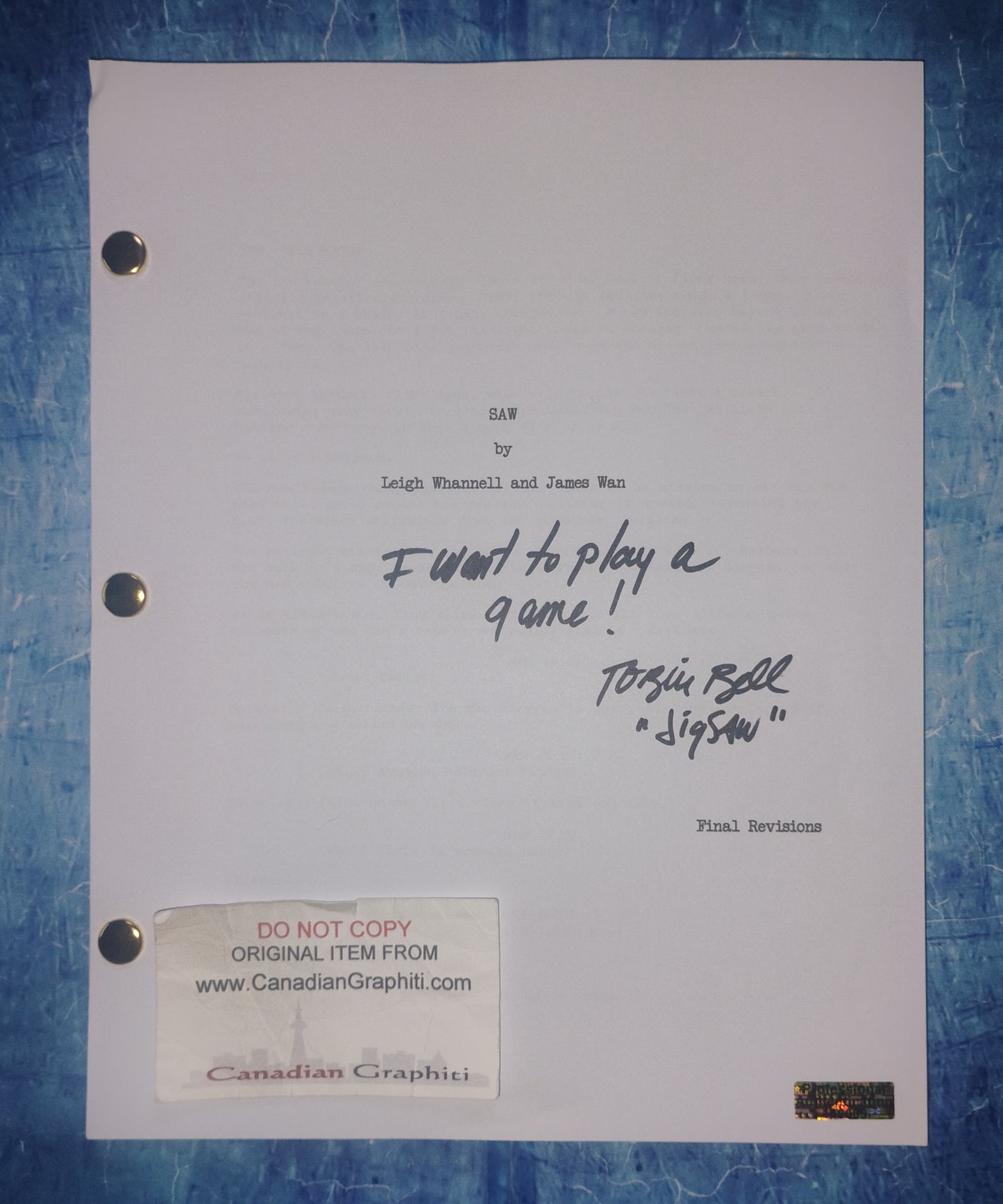 Tobin Bell Hand Signed Autograph Saw Script COA