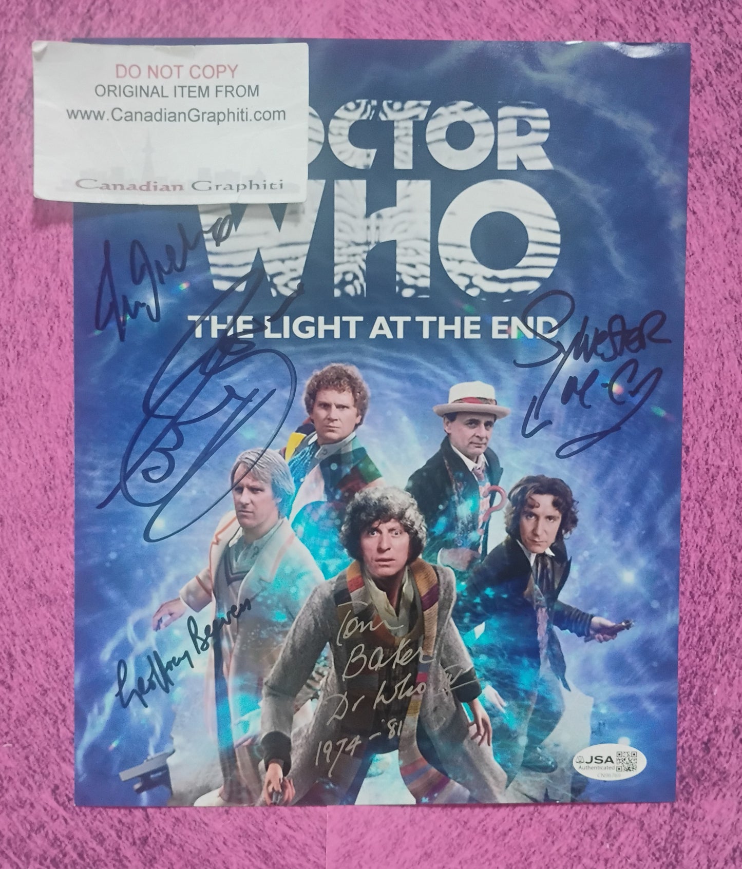 Doctor Who 5x Cast Hand Signed Autograph Photo JSA COA Tom Baker, Colin Baker, Sylvester McCoy, Geoffrey Beevers & Tim Treloar