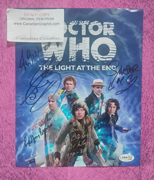 Doctor Who 5x Cast Hand Signed Autograph Photo JSA COA Tom Baker, Colin Baker, Sylvester McCoy, Geoffrey Beevers & Tim Treloar