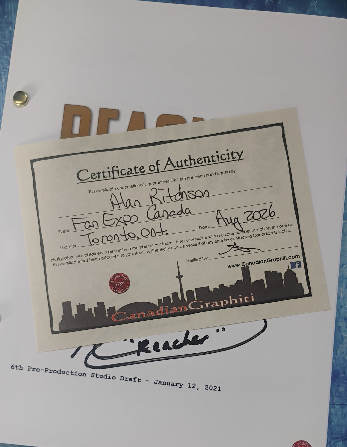 Alan Ritchson Hand Signed Autograph Reacher Script COA