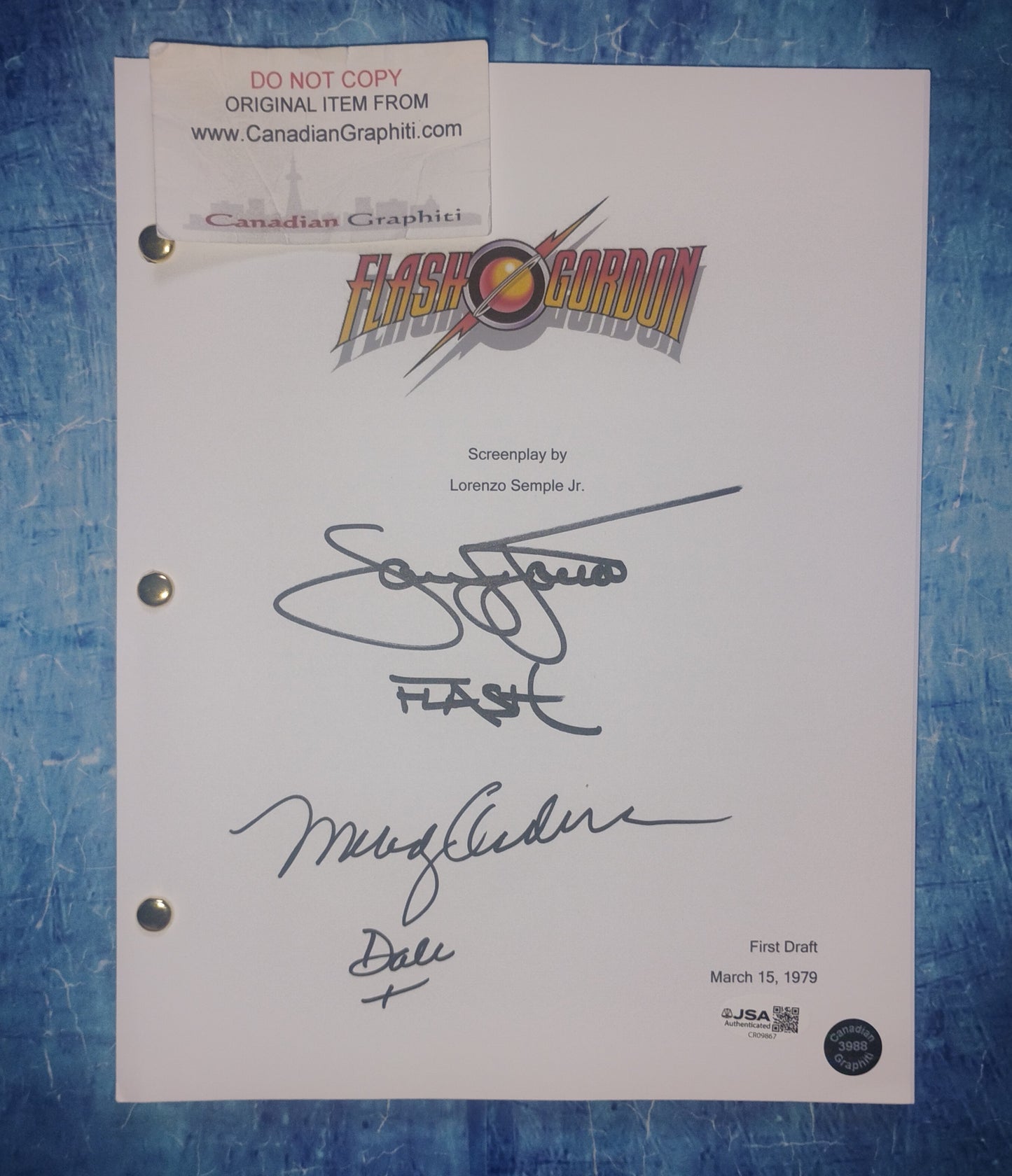Sam J Jones & Melody Anderson Hand Signed Autograph Flash Gordon Script JSA COA
