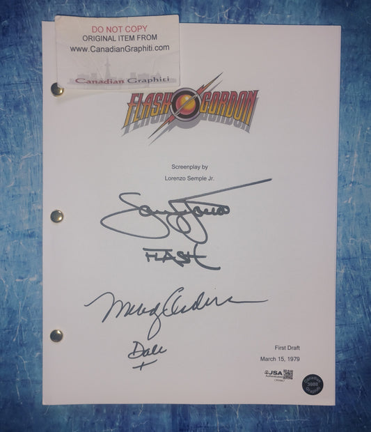 Sam J Jones & Melody Anderson Hand Signed Autograph Flash Gordon Script JSA COA