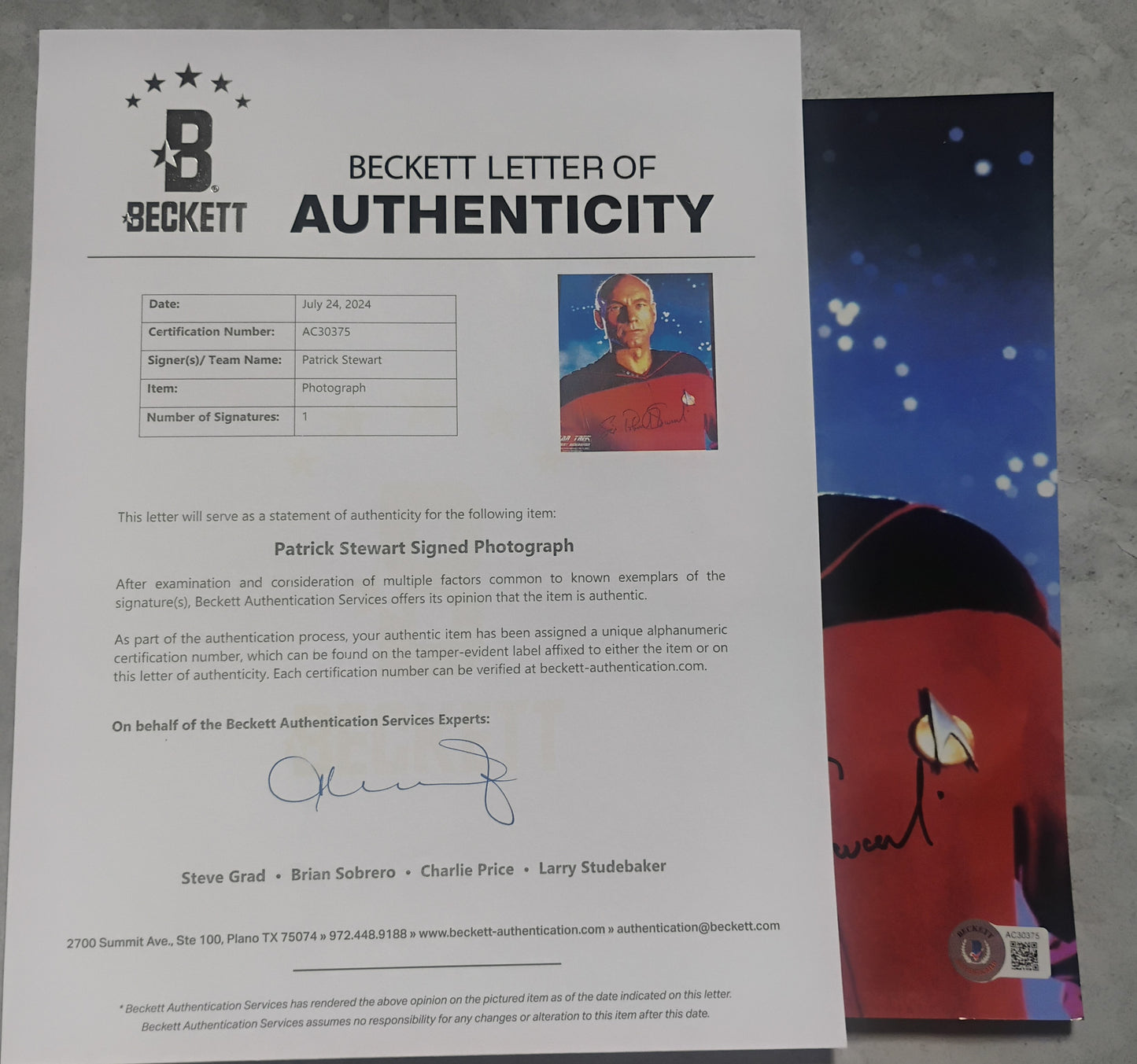 Sir Patrick Stewart Hand Signed Autograph 8x10 Photo BAS COA Star Trek