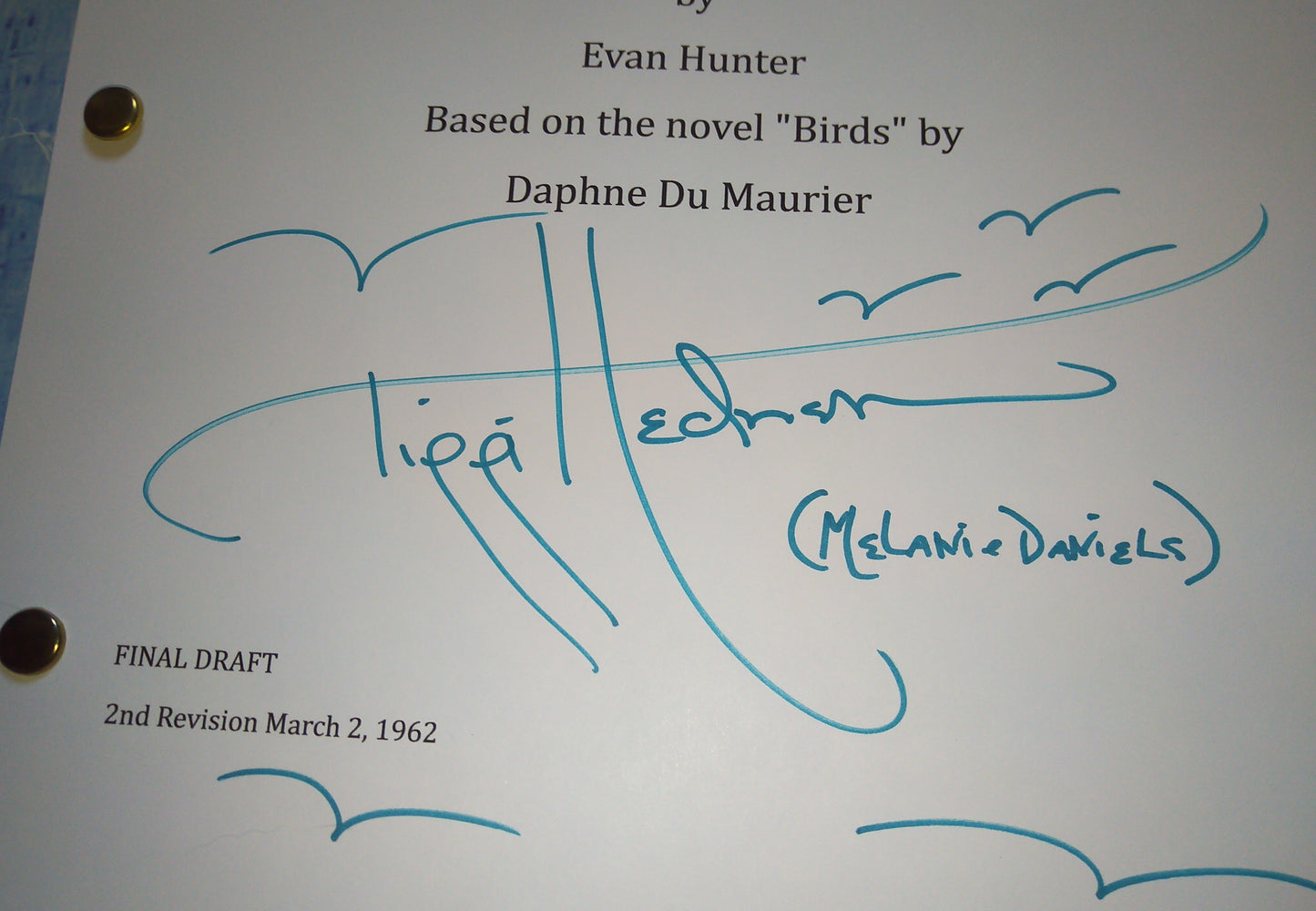 Tippi Hedren Hand Signed Autograph The Birds Script COA