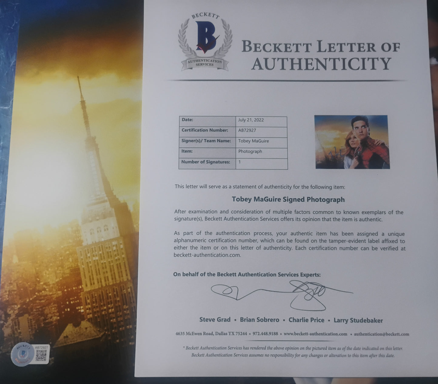 Tobey Maguire Hand Signed Autograph Photo BAS COA Spider-man