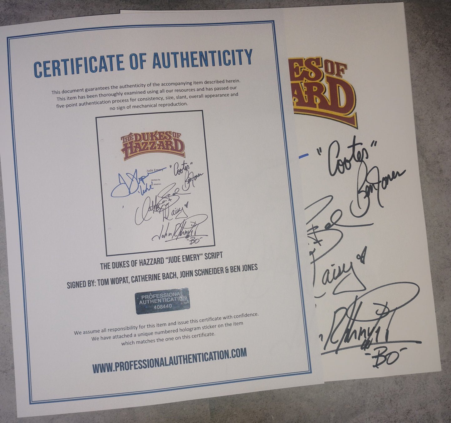 Dukes Of Hazzard 4x Hand Signed Script COA Catherine Bach, Tom Wopat, Ben Jones & John Schneider